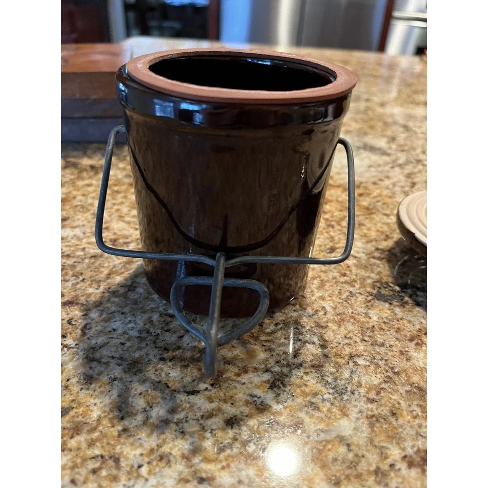VTG Stoneware Brown Glazed Butter/Cheese Crock with Rubber Gasket & Bail Latch
